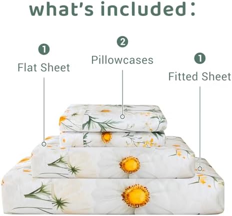 QSH 4PCs Green Floral Sheets Queen Size,100% Egyptian Cotton Sheets Queen Size Yellow Platycodon Flowers Botanical Pattern Printed Bed Sheet Extra Soft and Breathable 17.5" Deep Pockets Bedding Sheet