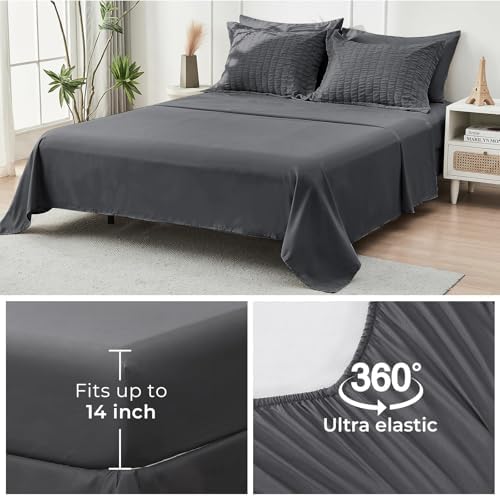 HYMOKEGE Oversized King Comforter Set Seersucker 7 Pieces, All Season Luxury Bed in a Bag for Bedroom, Bedding Set with Comforter, Sheets, Pillowcases & Shams, Dark Grey