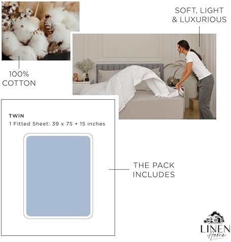 Linen Home 100% Cotton Percale Twin Size Fitted Sheet only, Baby Blue