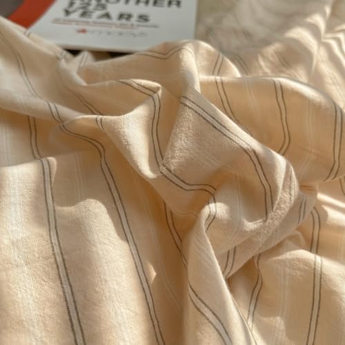 mixinni Retro Striped Duvet Cover Set Full Size - 100% Washed Cotton Beige Duvet Cover with Black White Stripes, Soft Breathable 3 Piece Comforter Cover with Zipper Closure & Corner Ties
