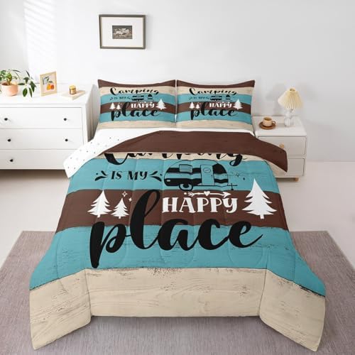 Manfei Camper Adventure Kids Comforter Set Twin Size,Happy Camping Rustic Farmhouse Cabin Bedding Set,Girls Boys Room Decor,RV Pine Tree Nature Quilt Comforter,Brown Country Duvet Insert,1 Pillowcase