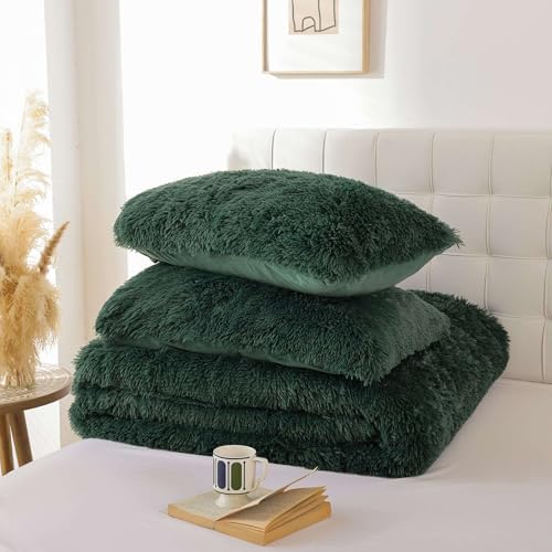Smoofy Fluffy Full Size Comforter Set, Dark Green Faux Fur Comforter 3 Pcs