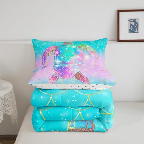 Erosebridal Mermaid Scales Comforter Set for Girls, Tortoise Reptile Bedding Set King Size, Sea Turtle Ocean Life Duvet Sets for Kids Children Boys Women, Sweet Girly Down Comforter, Teal Blue