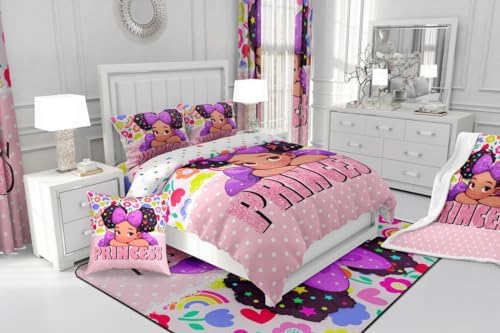 Black Pink Girl Comforter Set King Size,Princess Girls Pink Diamond Glitter Bedding Set 3Pcs,Cute African Theme Americans Quilt Set Women Teens Cartoon Colorful Flower Duvet Insert,2 Pillowcases