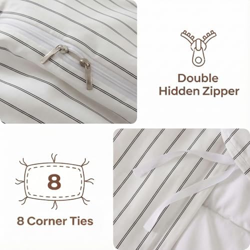 Bedbay Cotton Striped Duvet Cover Set Queen Size, Black White Stripe Bedding Set, 100% Cotton Sateen,Soft Breathable Hotel Style Minimal Comforter Cover with Zipper Closure & Corner Ties