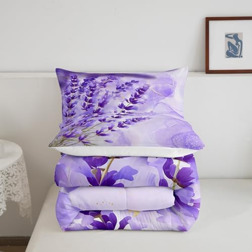 Manfei Lavender Comforter Set King Size, Purple Flower Bedding Set 3pcs for Kids Girls Teens Room Decor, Botanical Floral Print Quilt Set with 2 Pillowcases