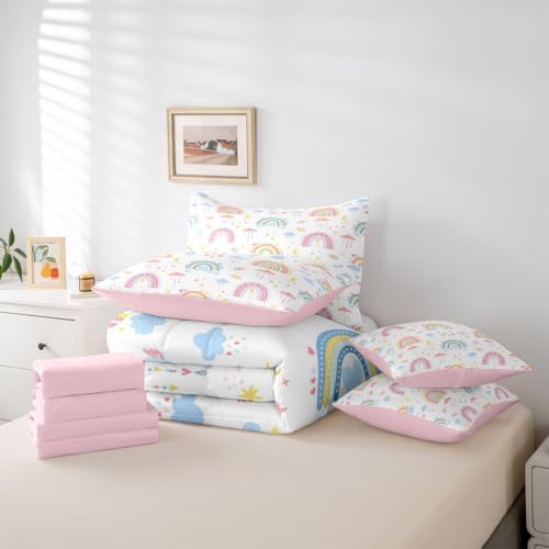Erosebridal Cute Rainbow King Bed in A Bag 7 Piece Cartoon Rainbow Print Comforter Set with Sheets Stars Clouds Moon Bedding Sets for Kids Girls Women,Dreamy Romantic Style Bed Set