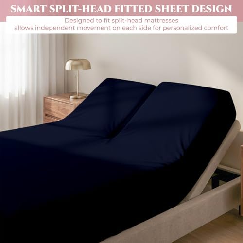 Split Top King Fitted Sheet for Adjustable Beds, 100% Giza Cotton, 34" Flex Head King Size, 1 Pc (Navy)