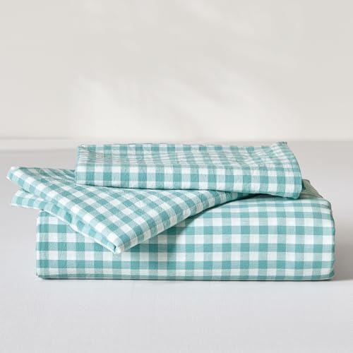 SAPHREAS Gingham Duvet Cover Set King Size, 100% Washed Cotton Linen Like Plaid Comforter Cover with Zipper Closure & Corner Ties (No Comforter), 104x90 Teal