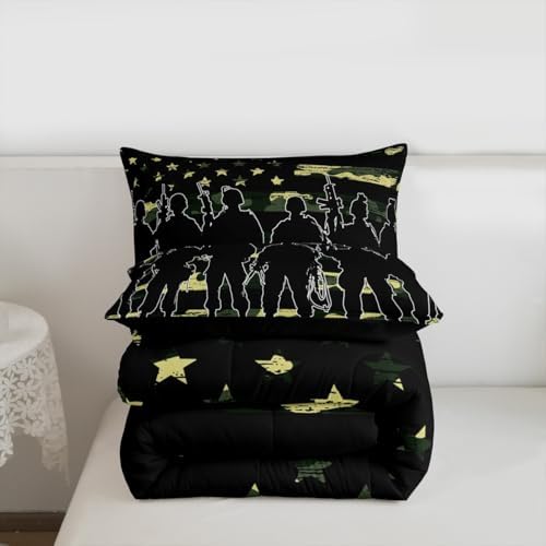 American Flag Comforter Set Queen for Boy Teen ArmyGreen Camouflage Down Comforter Adult Men Soldier Silhouettes Quilted Duvet Military Style Camo Bedding Comforters, 1 Comforter Set + 2 Pillowcases