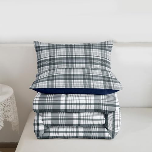 Manfei Blue Grey Plaid Comforter Set Full Size,Geometric Line Grid Bedding Set 3pcs,Classic Homestead-Style Down Comforter for All Season,Kids Boys Girls Room Decor,2 Pillowcases,No Sheets