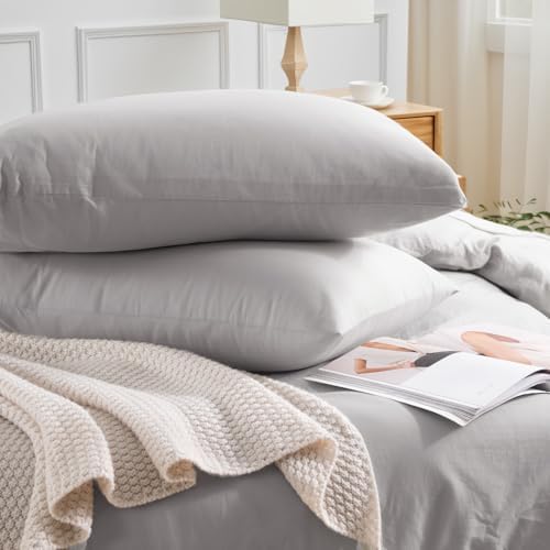 NEXHOME PRO Duvet Cover King Size,100% Washed Cotton Linen Feel Textured Organic Natural Duvet Cover 2 Pieces Bedding Set with Zipper Closure, Breathable Light Grey (No Comforter)
