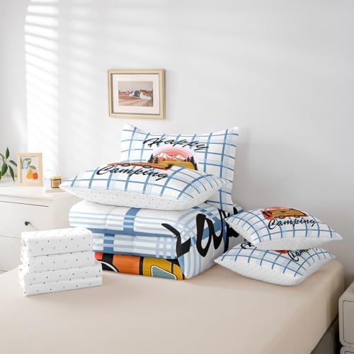 Erosebridal Happy Camping Comforter Set Full Size,Cartoon RV Bedding Set for Kids Teens,Blue Buffalo Plaid (Comforter+Fitted+Flat Sheet+2 Pillowcases+2 Throw Pillow Covers) 7 Pieces Bed Set