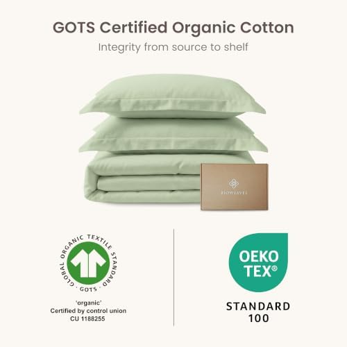 BIOWEAVES 100% Organic Cotton Full/Queen Duvet Cover Set, 3-Piece, 300 Thread Count Sateen Weave GOTS Certified Comforter Cover with Buttoned Closure and 2 Pillow Shams – Pastel Green, 90x90 inches