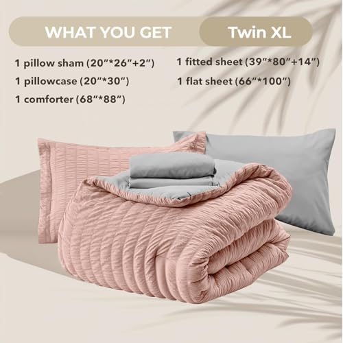 HYMOKEGE Rose Gold/Light Grey Twin XL Comforter Set Seersucker 5 Pieces, All Season Luxury Bed in a Bag for Bedroom, Bedding Set with Comforter, Sheets, Pillowcase & Sham