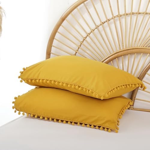 YIRDDEO King Size Comforter Set, Mustard Yellow Pom Fringe Bedding 3 Pcs