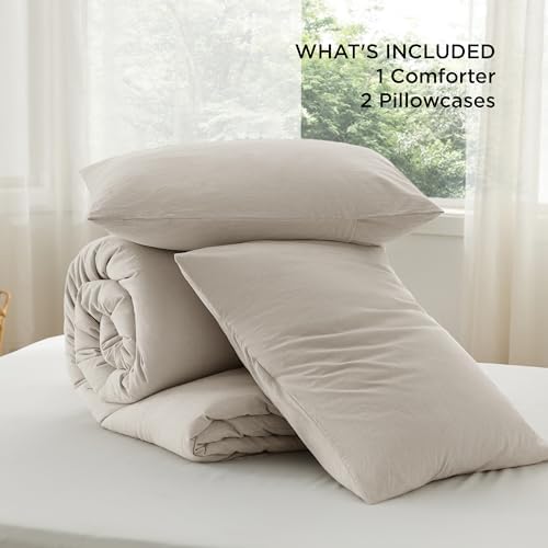 Bedsure PureWoven Cotton Comforter Set Prewashed, King, Linen