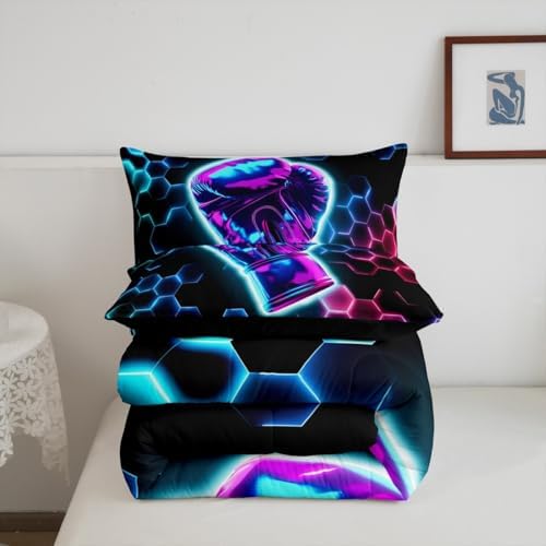 Erosebridal Boxing Gifts Kids Comforter Set | 3D Glitter Gloves Bedding King,Colorful Neon Lights Down Comforter Hexagon Honeycomb Duvet Set for Bedroom