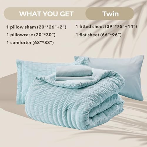 HYMOKEGE Lake Blue Twin Comforter Set Seersucker 5 Pieces, All Season Luxury Bed in a Bag for Bedroom, Bedding Set with Comforters, Sheets, Pillowcase & Shams