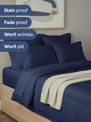 Queen Comforter Set - 7 Piece Bed in a Bag Queen Size Bed Set - Navy Blue