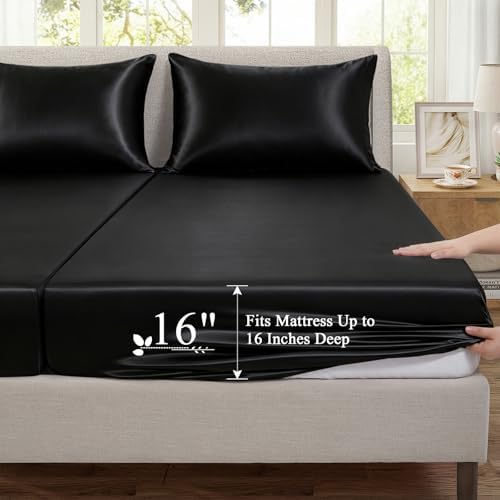 SiinvdaBZX 5-Piece Black Satin Sheets Split King Size Set