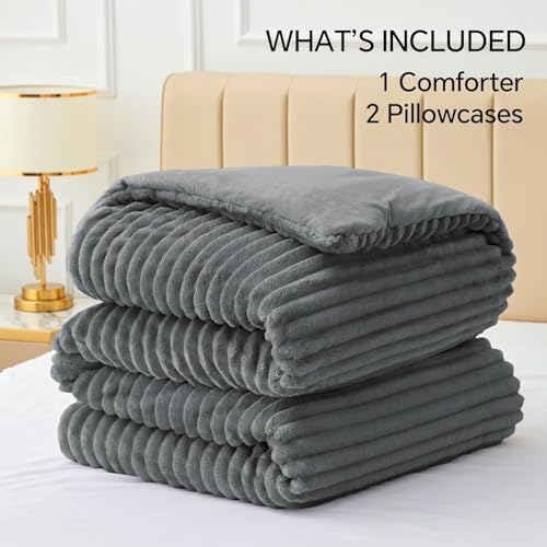 BEDELITE Fleece Oversized Queen Comforter Set, Fluffy Bed Set, Grey