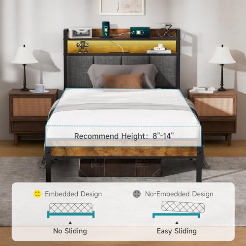 Z-hom Twin Bed Frame with 2-Tier Storage Upholstered Headboard,Noise Free
