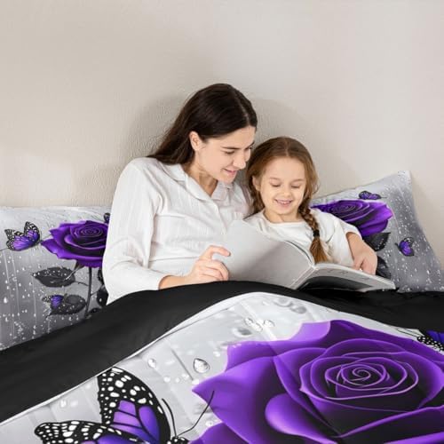 3D Rose Comforter Set Floral Print Bedding Set Romantic Flowers for Kids Boys Girls Children Teens Bedroom Decor Purple Rose Butterfly Duvet Set Full Size Quilt Set With 2 Pillow Case