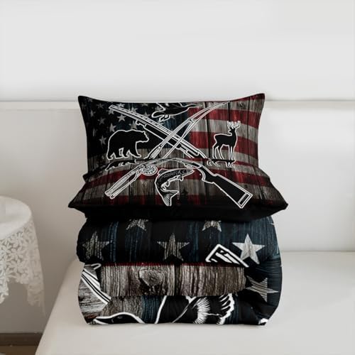 Homewish Retro American Flag Comforter Set King Size,Hunting and Fishing Bedding Set,Duck Deer Bear Bass Fish Wild Animals Theme Quilt Set for Kids Boys Men Teens Room Decor,Rustic Duvet Insert 3Pcs