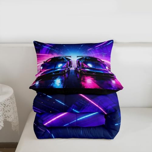 Feelyou Boys Race Car Comforter Set All Season Pink Racing Car Bedding Set with 2 Pillow Cases Speed Sports Microfiber Kids Full Bedclothes Bedroom Decor Duvet Quilt Breathable Soft Lightweight