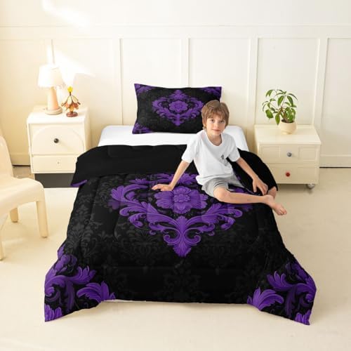 Feelyou Purple Gothic Bedding Set Soft for Boys Girls, Vintage Damask Boho Comforter Set Toddler Size Exotic Victorian Duvet Quilt Microfiber Bedroom Decor 2 Pcs with 1 Pillow Cases