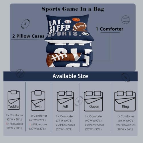 Feelyou Football Comforter Set Twin Size Kids Basketball Baseball Soccer Comforter for Boys Girls Sports Theme Bedding Set Breathable Soft Navy Blue Duvet Quilted Ball Game Room Decor