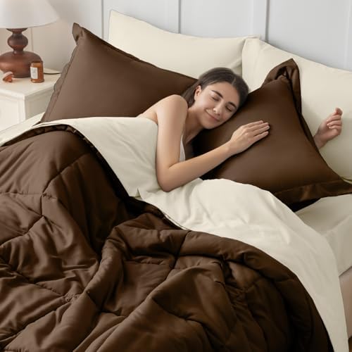 JOLLYVOGUE Twin Comforter Set, Ultra-Soft Bed in a Bag Twin Size 5 Pieces, Oeko-TEX Certified Bedding Set with Down Alternative Comforter, Sheets, Pillowcases & Shams, Brown & Beige