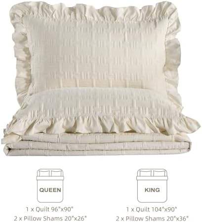 DJY California King Quilt Bedding Set, Ruffled Bedspreads, Beige