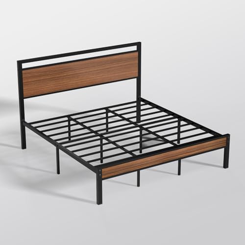 Z-hom King Metal Bed Frame&Wooden Headboard&Footboard,No Box Spring,Walnut
