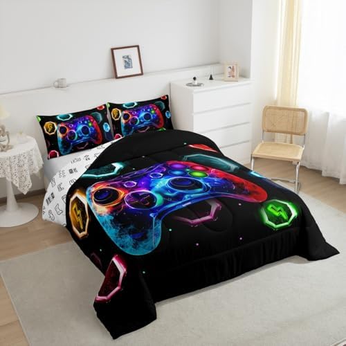 Feelyou Kids Gamer Comforter Toddler Size, Game Console Comforter Set Boys Girls Space Universe Gaming Bedding Set Gamepad Teens Duvet Set Bedroom Decor Microfiber Bed Set