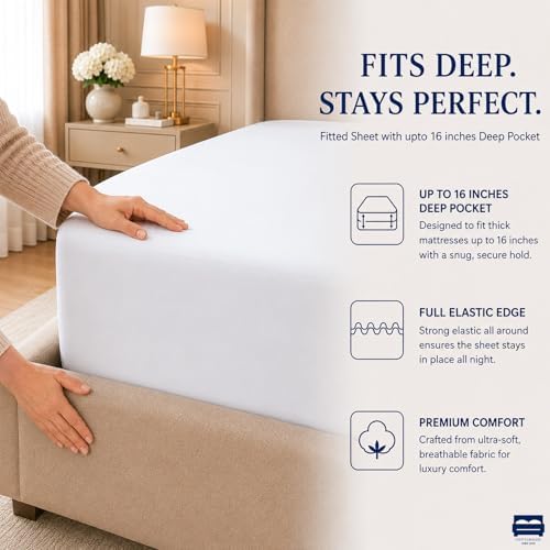 Cottingon 4 Piece King Sheets Fits 16" Deep, Egyptian Cotton, White