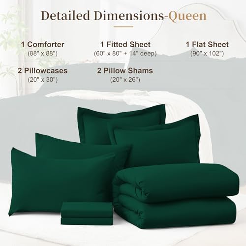 Queen Comforter Set 7 Piece with Lightweight Comforter, Dark Green