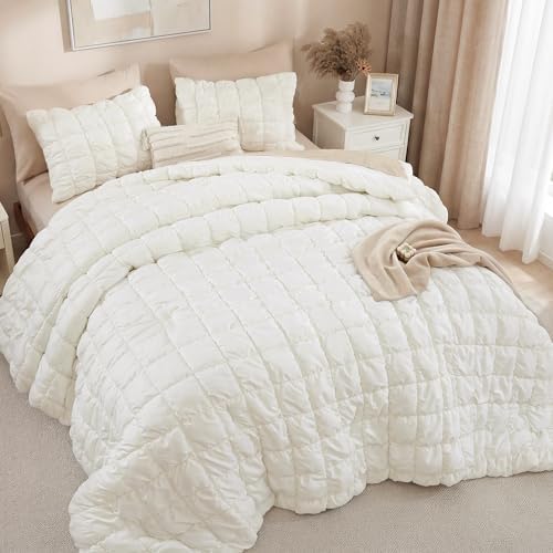 JANZAA Full Size Comforter Sets, Cream White Comforter with Puff Plaid Fluffy Comforter Set, Cloud-Like Soft Cozy Bedding Set, Lightweight Warm Bedroom Decor for All Season with 2 Pillowcases