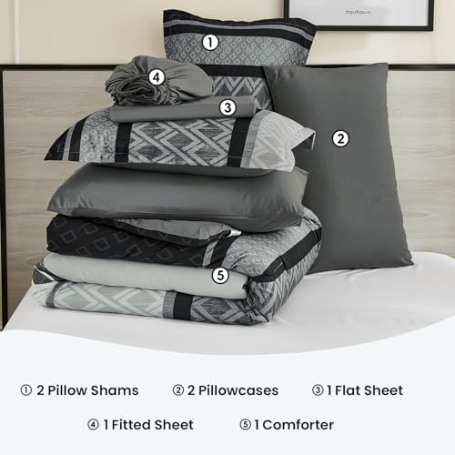 Cottolester Boho Comforter Set Queen Size,Black Gray Striped Bed in a Bag