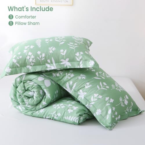 Mooreeke Twin Size Comforter Sets, Lightweight Dark Green with White Flower Patterned Bedding for All Seasons, 2-Piece Vintage Bed in a Bag with Fluffy Quilted Reversible Comforter & Pillow Sham