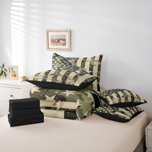 Erosebridal 7 Pcs Camo American Flag Comforter Set Twin Camouflage Military Aircraft Bedding Set for Boys Kids Teens Men Army Green Airplane Bed in A Bag with Sheets Vintage Patriotic Plane Bed Sets