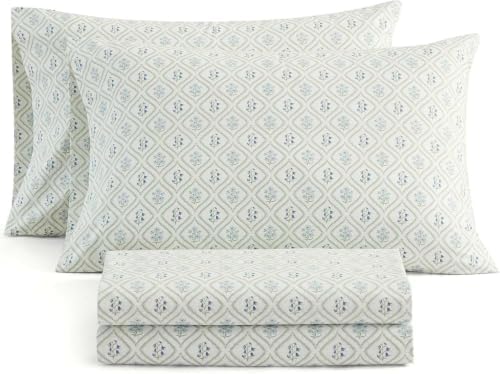 Martha Stewart - Twin Sheet Set with Fitted Sheet & Pillowcase, Cotton Percale Bedding with a Smooth Feel, Deep Pocket, Costa Blue