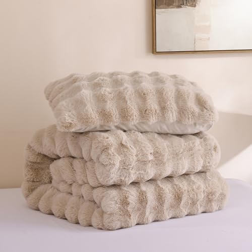 YIKUSH Queen Faux Fur Soft Comforter Set, Fluffy Linen Rabbit Fur Comforter