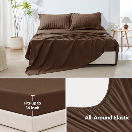 HIMEET King Comforter Set, 7-Piece Seersucker Bed in a Bag, Brown