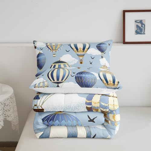 Hot Air Balloon Comforter Set King Size,Sky Bird Bedding Sets 3pcs for Kids Boys Girls Teens Room Cover,Adventure Games Themed Duvet Insert Sets Romantic Blue Quilted Duvet Set with 2 Pillowcases
