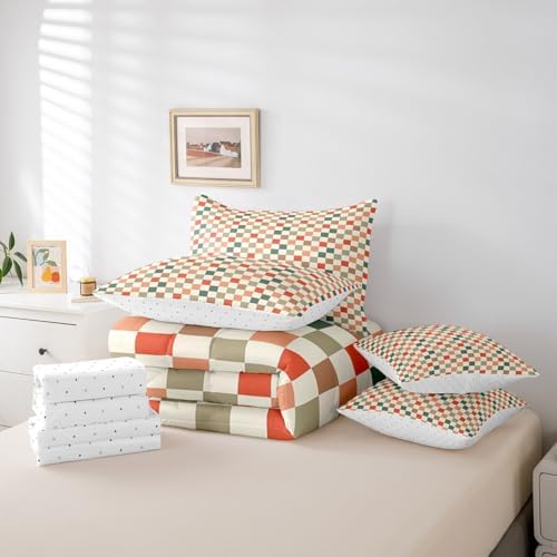 jejeloiu Orange Green Red Comforter Set with Sheets 7 Piece Twin Size