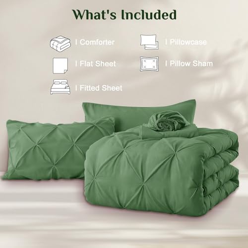 JOLLYVOGUE Twin XL Comforter Set 5 Pieces - Bed in a Bag Twin XL for All Season, Pintuck Bedding Comforter Sets with Comforter, Flat Sheet, Fitted Sheet and Pillowcases & Shams, Green