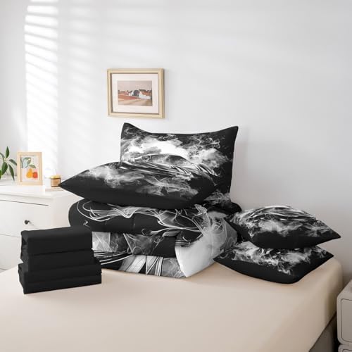 Feelyou Speed Sports Car Comforter Set with Sheets King Size Kids Smoky Race Car 7 Pieces Bedding Set for Boys Girls Teens Racing Car Bed in a Bag Breathable Extreme Sports Bed Set Black White