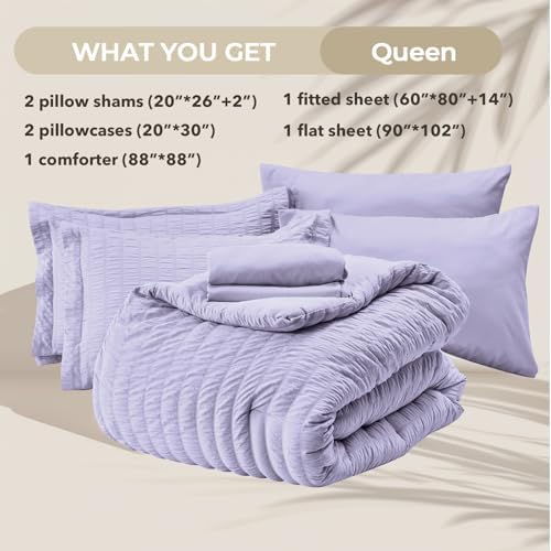 HYMOKEGE Light Purple Queen Comforter Set Seersucker 7 Pieces, All Season Luxury Bed in a Bag Queen for Bedroom, Bedding Set with Comforter, Sheets, Pillowcases & Shams